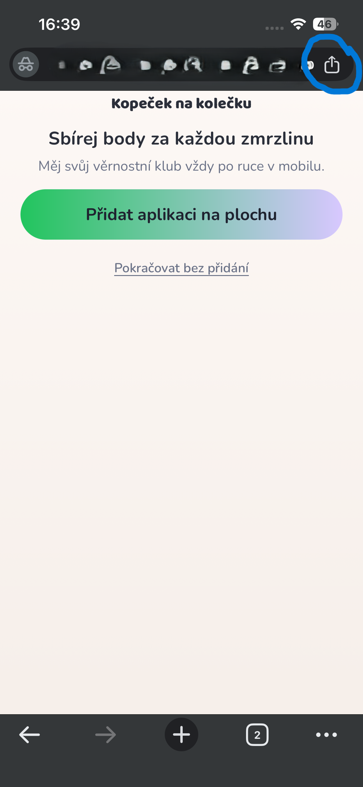 Chrome krok 1: tlačítko Sdílet vpravo nahoře