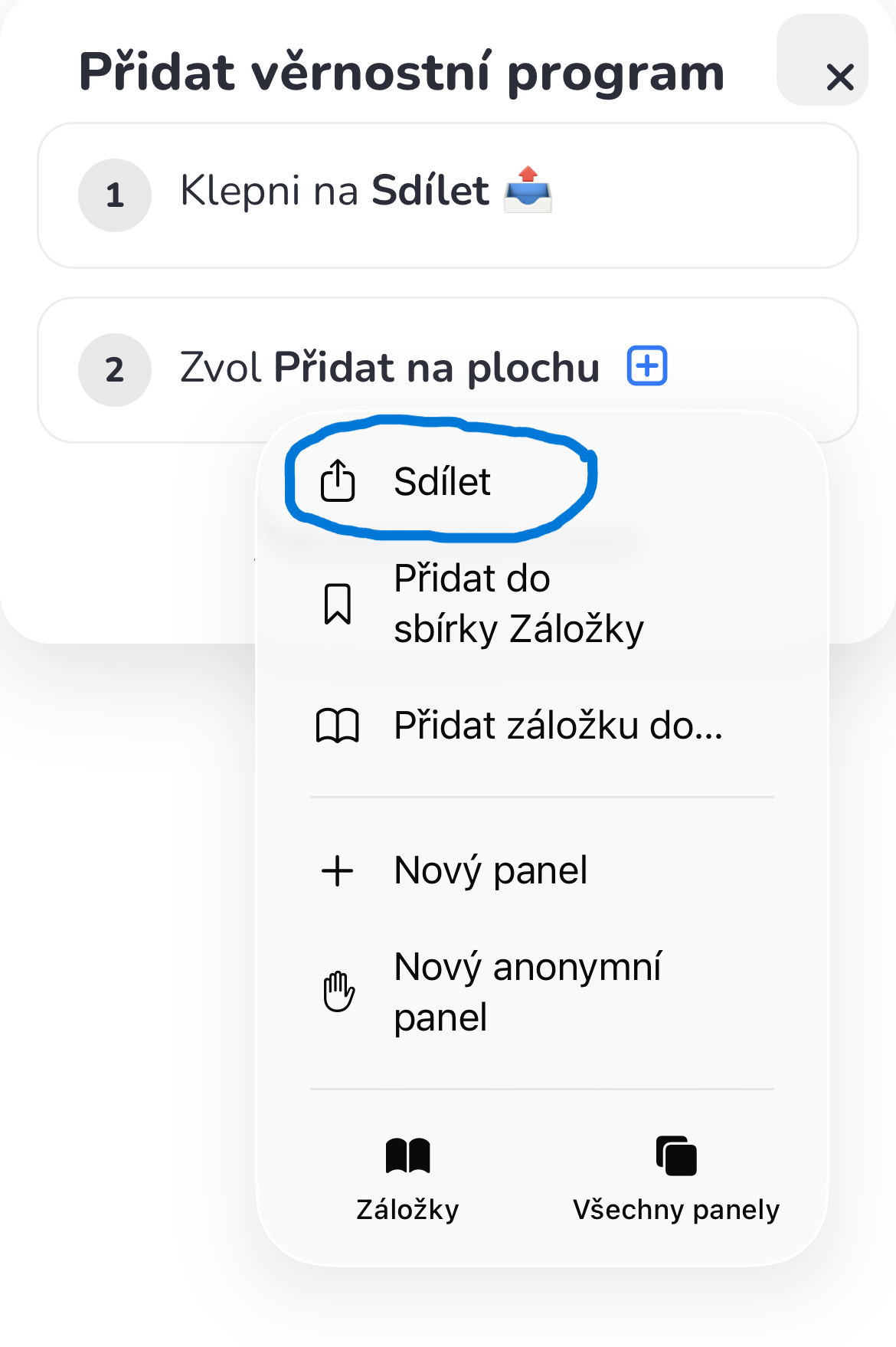 Krok 2: v menu zvol Sdílet