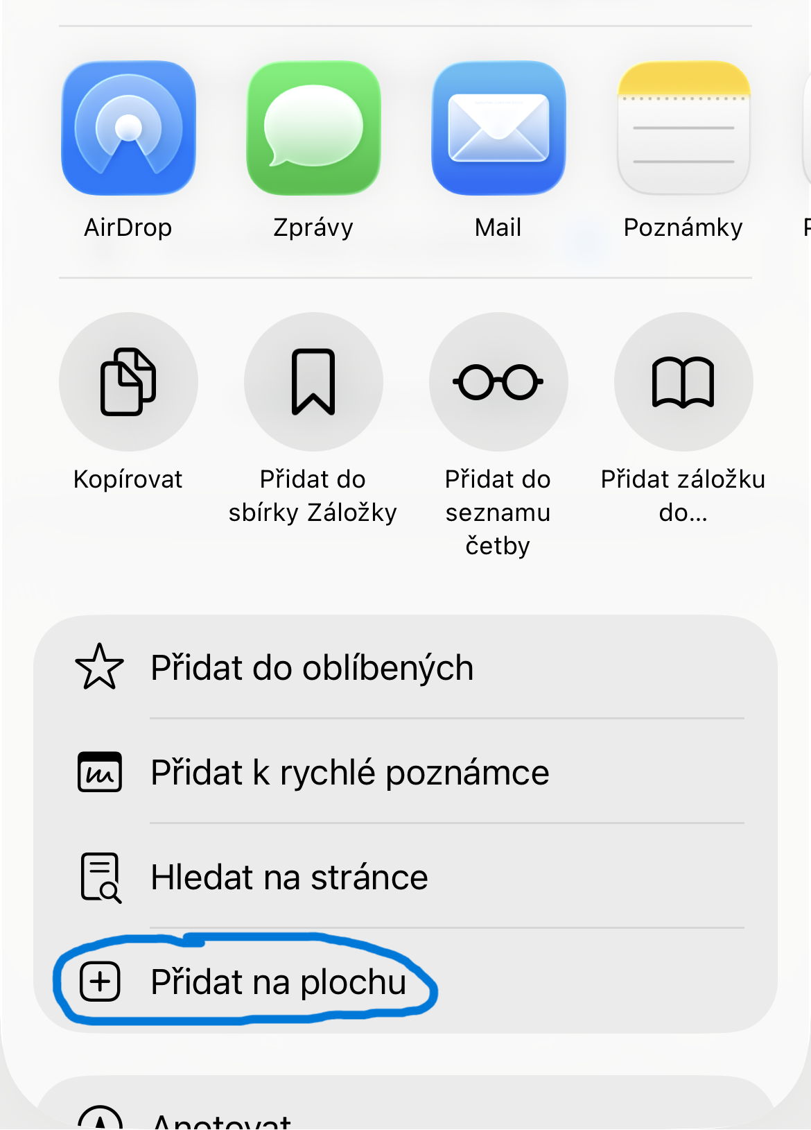 Krok 3: v listu Sdílení klepni na Přidat na plochu